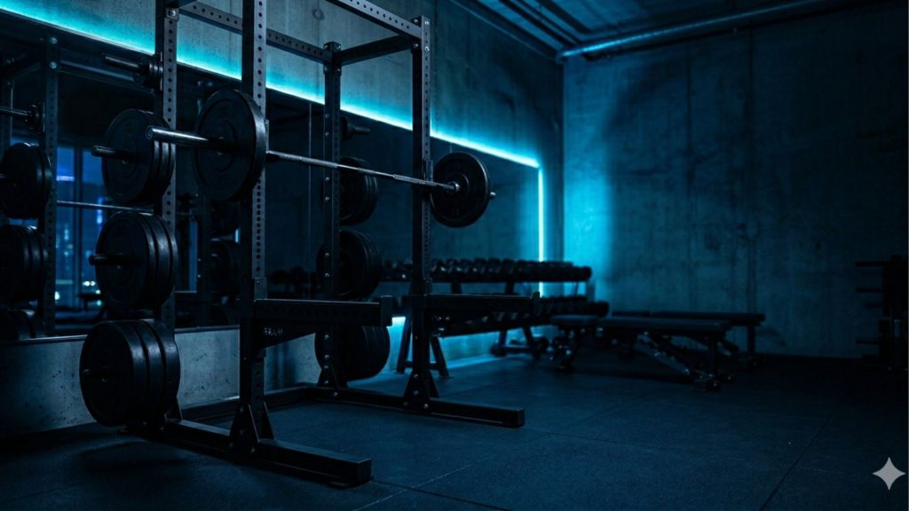 Hero - Schedule Your Strength Custom AI workout generator hero background showing premium gym squat rack